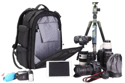 Camera straps tripods and a lens bag
